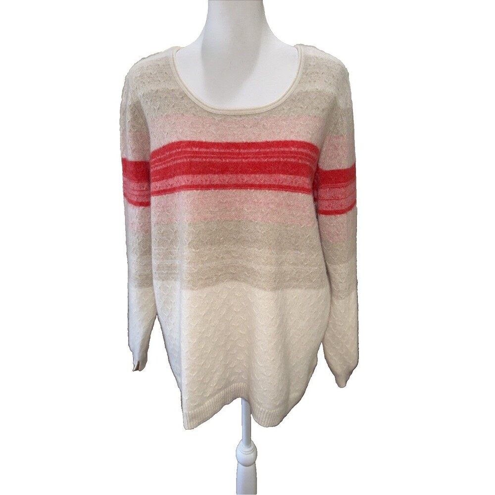 Soft Surroundings 100% Cashmere Stripe Textured Knit Pullover Sweater Cream 3X